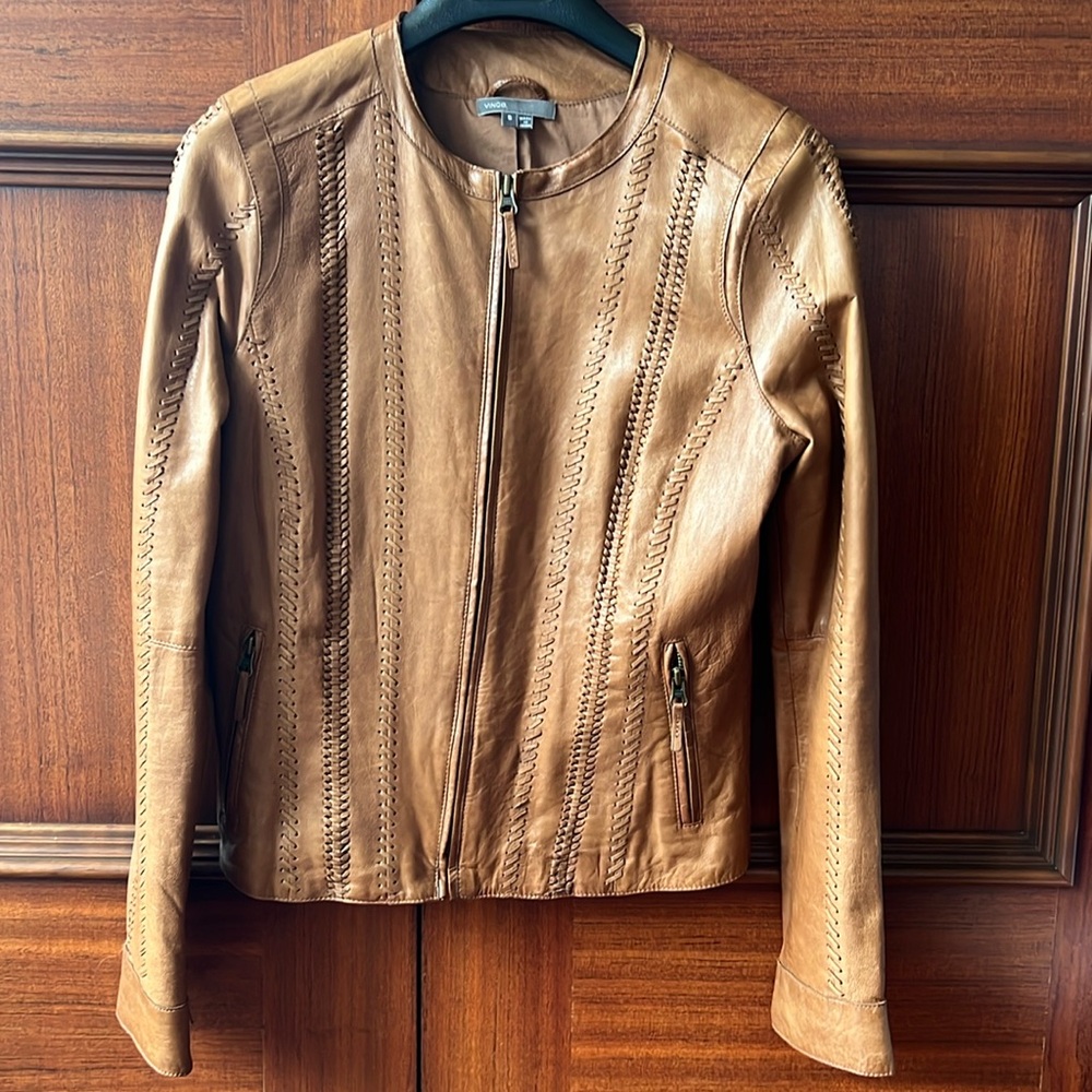 Vince Vintage Inspired Leather Jacket in Saddle Brown